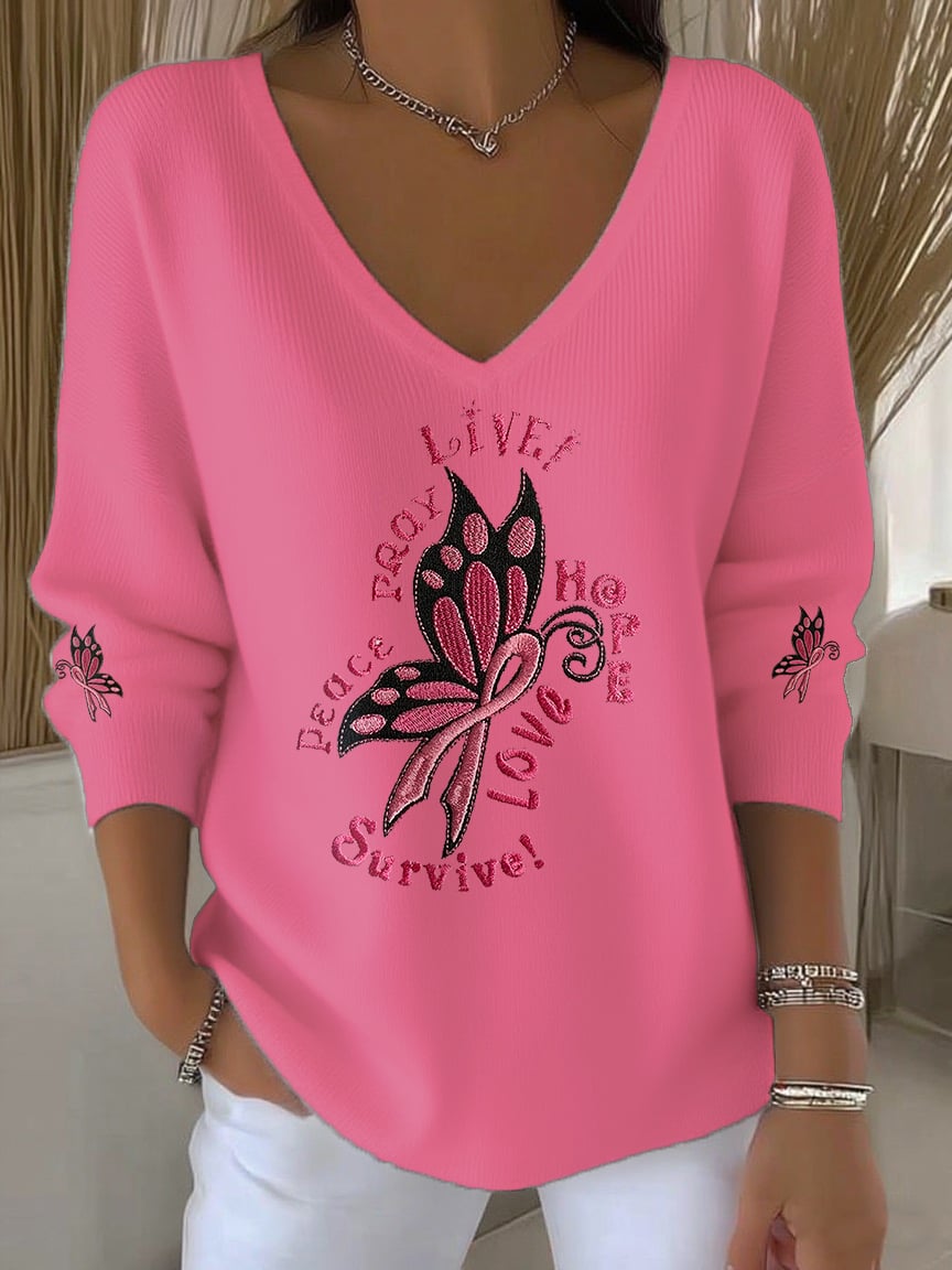 Women's Butterfly Embroidery Print V-Neck Long Top