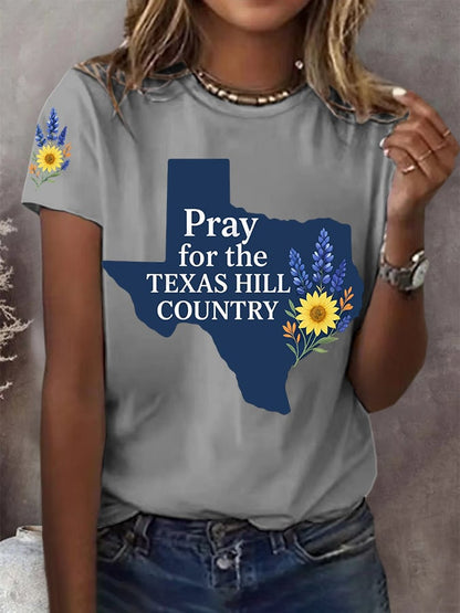 🙏💔Join us in praying for Texas.🙏Women's Pray For The Texas Hill Country Print Round Neck T-Shirt