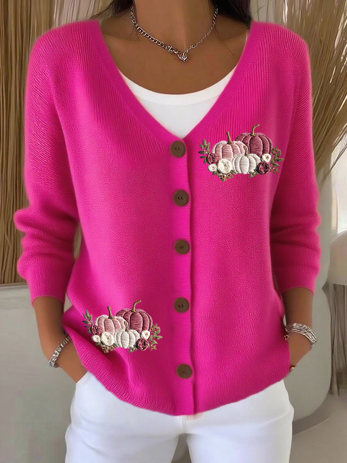 Women's Casual Autumn And Winter Pink Pumpkin Cardigan