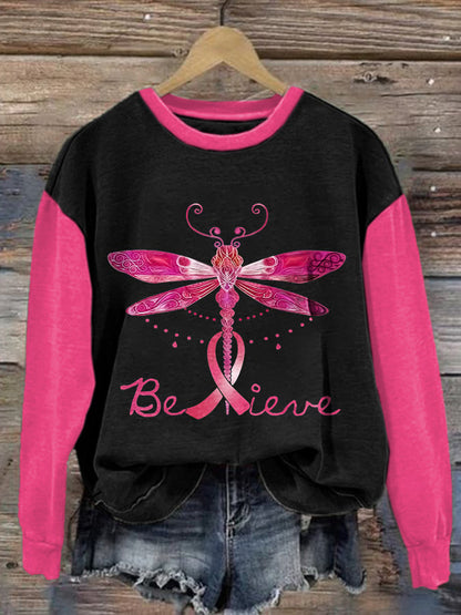 Women's Dragonfly Believe Breast Cancer Awareness Print Long Sleeve Sweatshirt