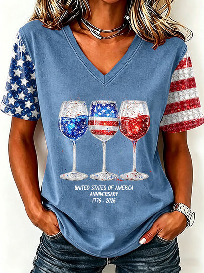 Women'S America Flag Floral Print Casual V-Neck T-Shirt