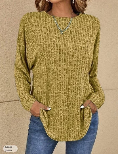 Women's sweater ribbed knit elegant round neck solid long sleeves
