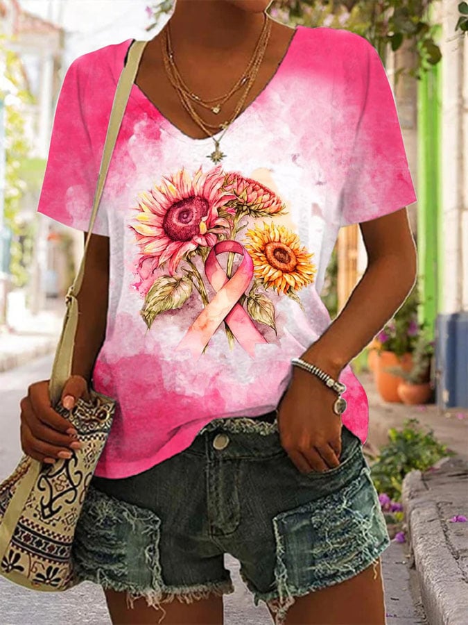 Women's Sunflower Breast Cancer Awareness Print Short Sleeve T-Shirt