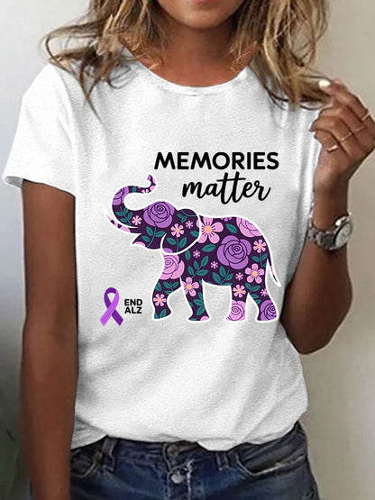 Women's Alzheimer's Disease Floral Elephant Print Short Sleeve T-Shirt