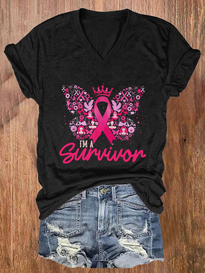 Women's I'm A Survivor - Breast Cancer Awareness Print Casual T-Shirt