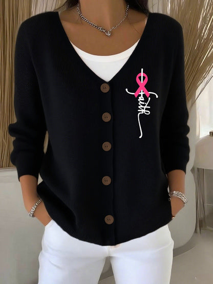 Women's Breast Cancer Cross Print Thick-Knit Straight Cardigan
