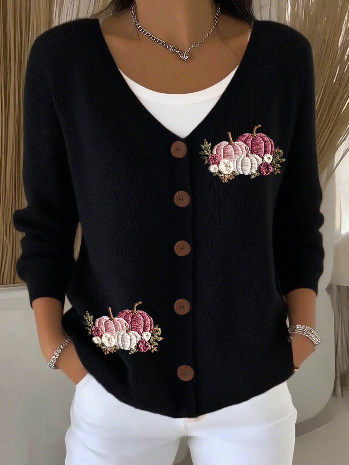 Women's Casual Autumn And Winter Pink Pumpkin Cardigan