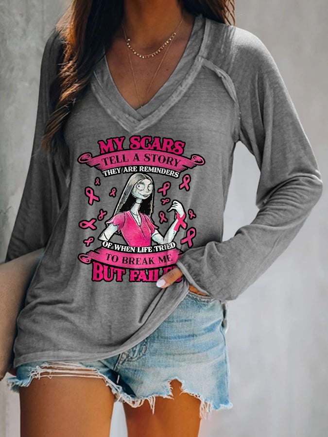V-Neck Breast Cancer Awareness My Scars Tell A Story They Are Reminders Of When Life Tries To Break Me But Failed Long Sleeve T-Shirt
