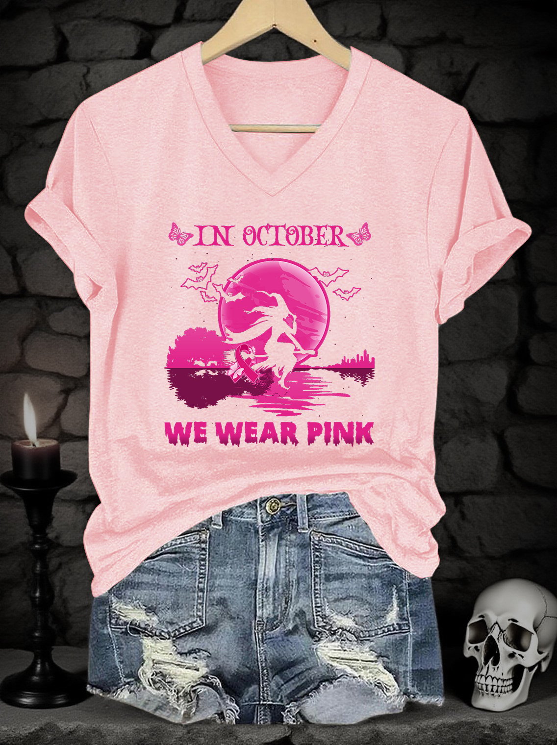 Women's Pink Art Print V-Neck Short-Sleeved T-Shirt