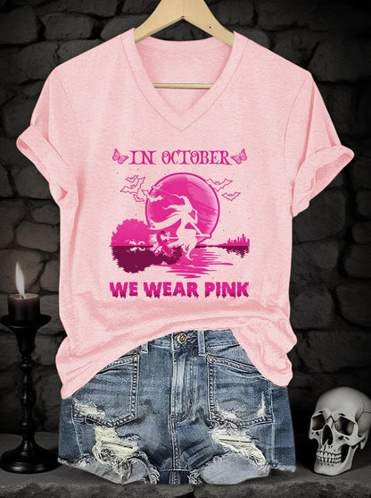 Women's Pink Art Print V-Neck Short-Sleeved T-Shirt