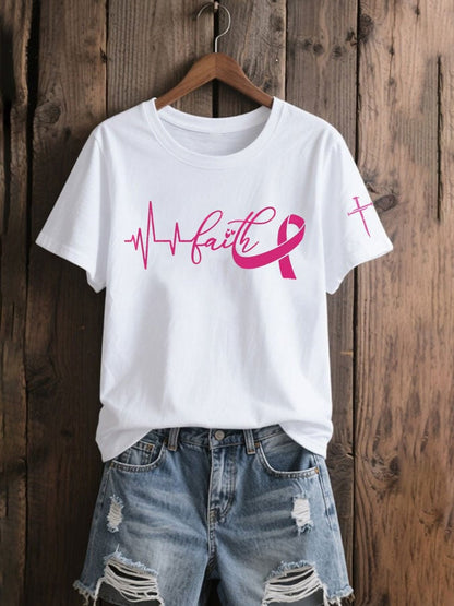 Women's Breast Cancer Awareness Faith Print Casual T-Shirt
