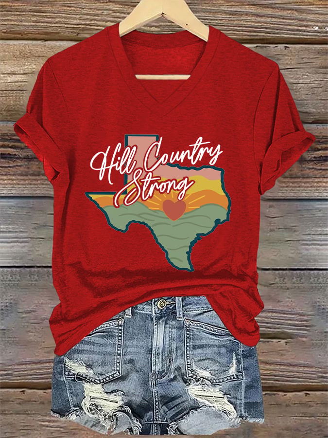 🙏💔Join us in praying for Texas.🙏V-Neck Retro Texas Strong Hill Country Strong Print T-Shirt