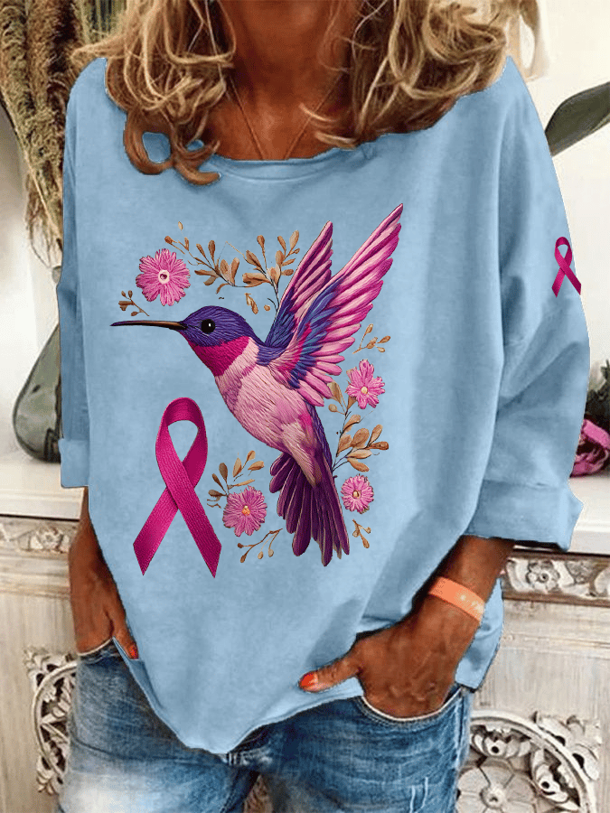 Womens Breast Cancer Awareness Hummingbird Heat Transfer Casual Sweatshirt