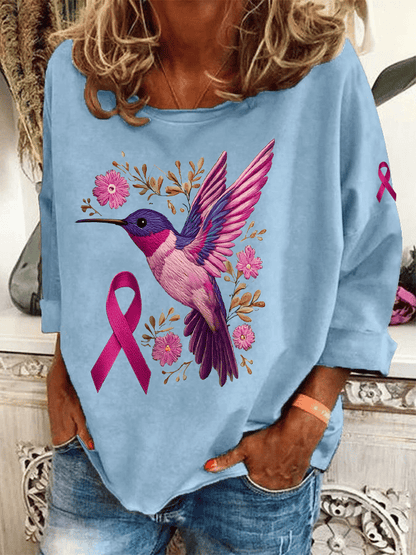 Womens Breast Cancer Awareness Hummingbird Heat Transfer Casual Sweatshirt