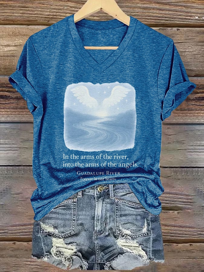 🙏💔Join us in praying for Texas.🙏V-Neck Retro Texas Strong In The Arms Of The River, Into The Arms Of The Angels. Guadalupe River Forever In Our Hearts Print T-Shirt
