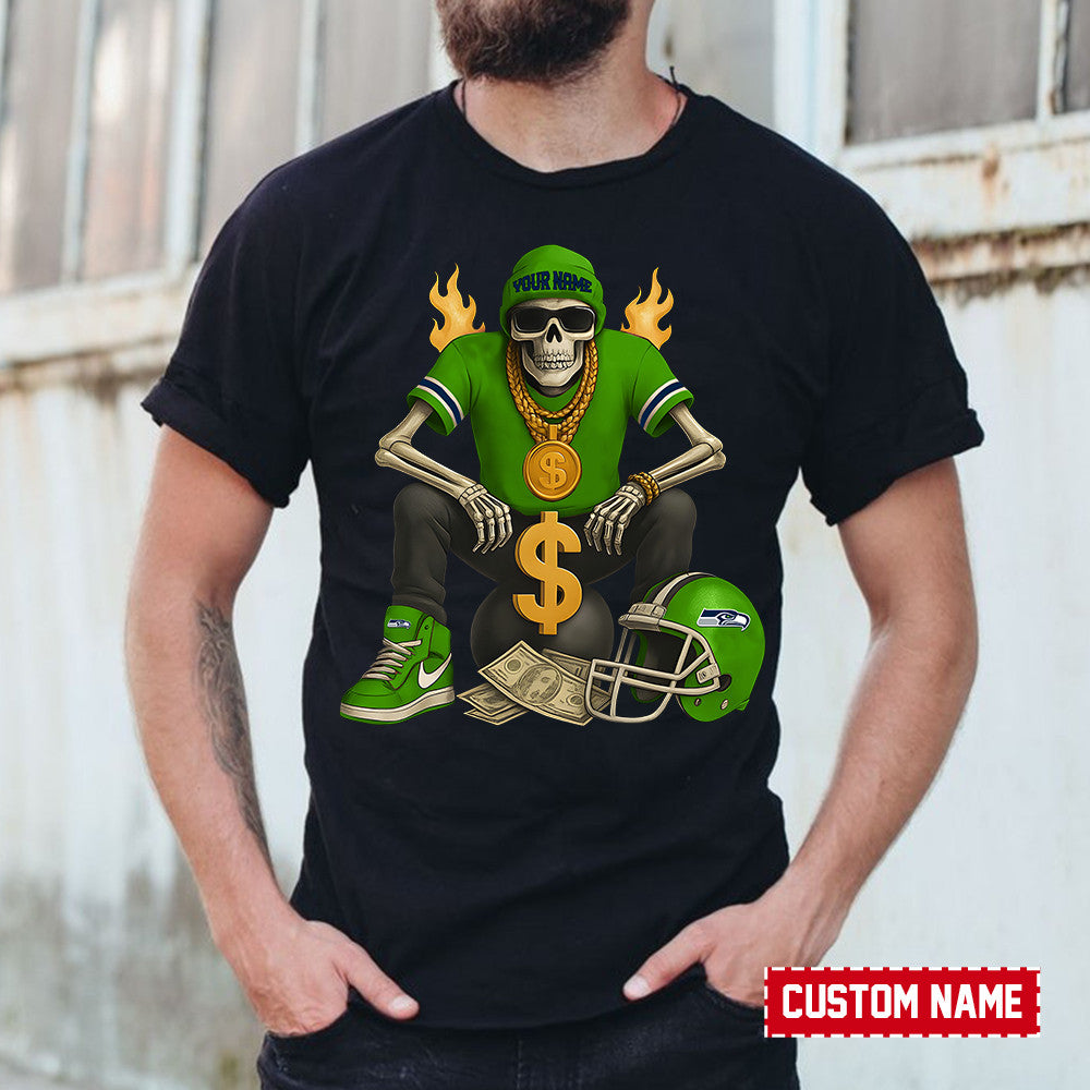 American Football Cool Skeleton Black Tshirt Personlized Name Gift For Fan 32