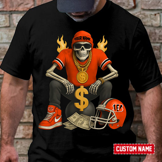 American Football Cool Skeleton Black Tshirt Personlized Name Gift For Fan 06