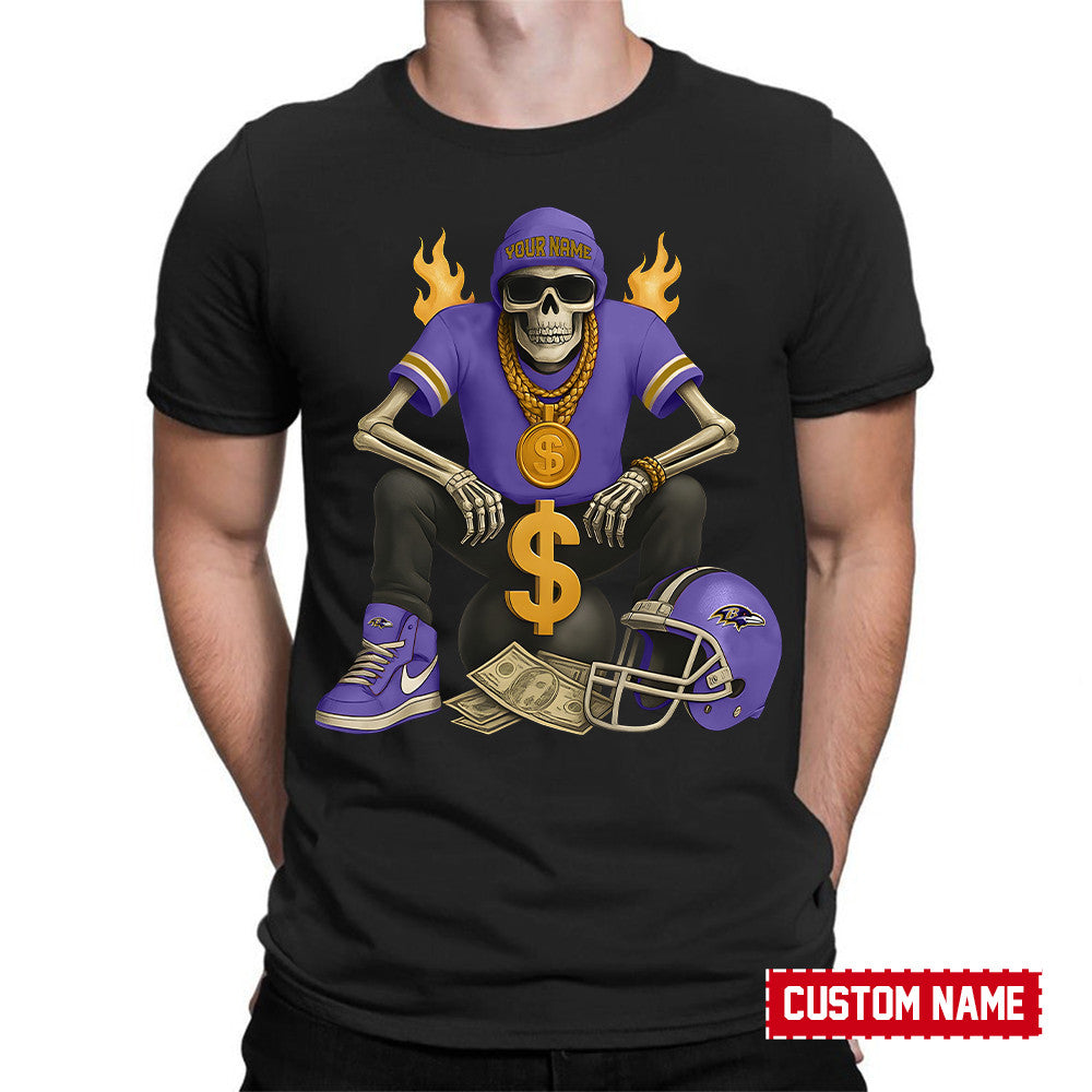 American Football Cool Skeleton Black Tshirt Personlized Name Gift For Fan 05