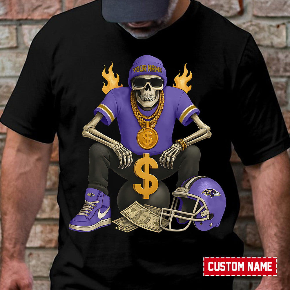 American Football Cool Skeleton Black Tshirt Personlized Name Gift For Fan 05