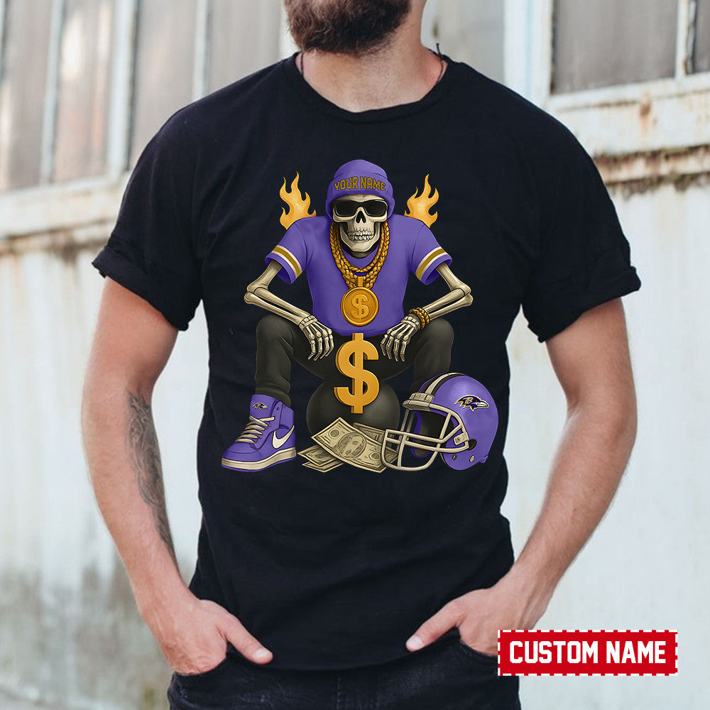 American Football Cool Skeleton Black Tshirt Personlized Name Gift For Fan 05