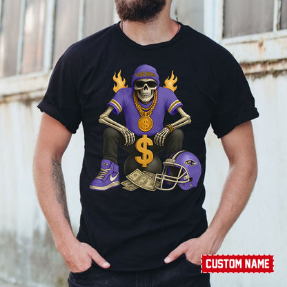 American Football Cool Skeleton Black Tshirt Personlized Name Gift For Fan 05