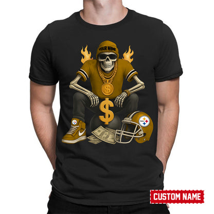 American Football Cool Skeleton Black Tshirt Personlized Name Gift For Fan 08