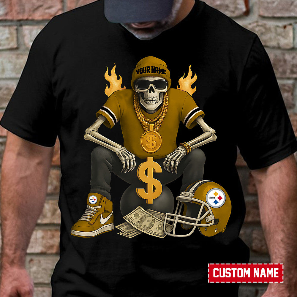 American Football Cool Skeleton Black Tshirt Personlized Name Gift For Fan 08