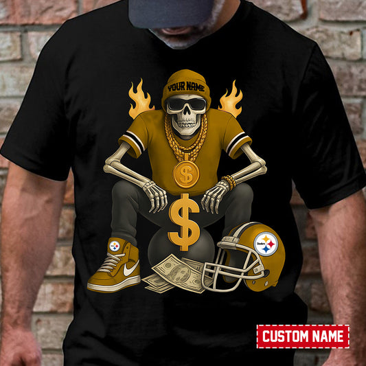 American Football Cool Skeleton Black Tshirt Personlized Name Gift For Fan 08