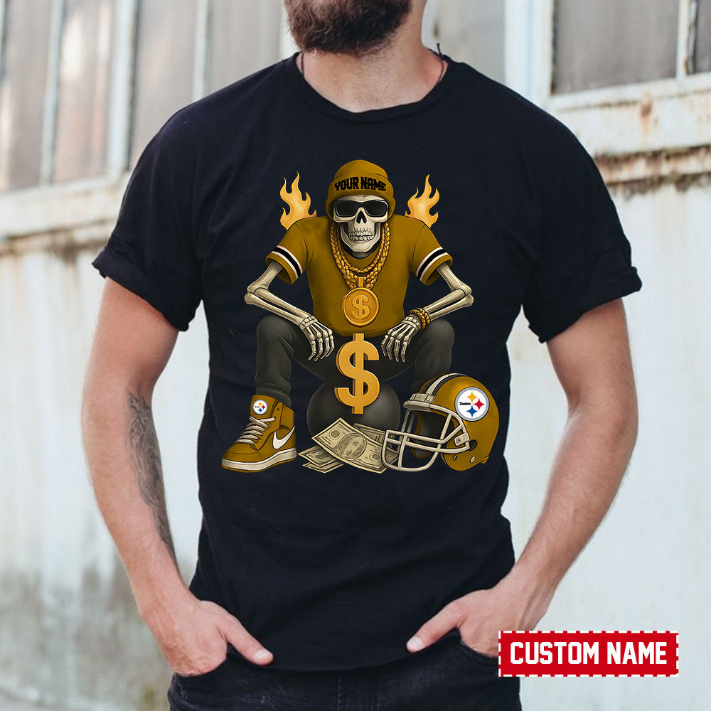 American Football Cool Skeleton Black Tshirt Personlized Name Gift For Fan 08