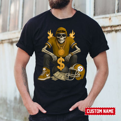 American Football Cool Skeleton Black Tshirt Personlized Name Gift For Fan 08