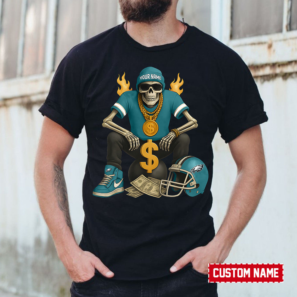 American Football Cool Skeleton Black Tshirt Personlized Name Gift For Fan 19