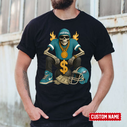 American Football Cool Skeleton Black Tshirt Personlized Name Gift For Fan 19