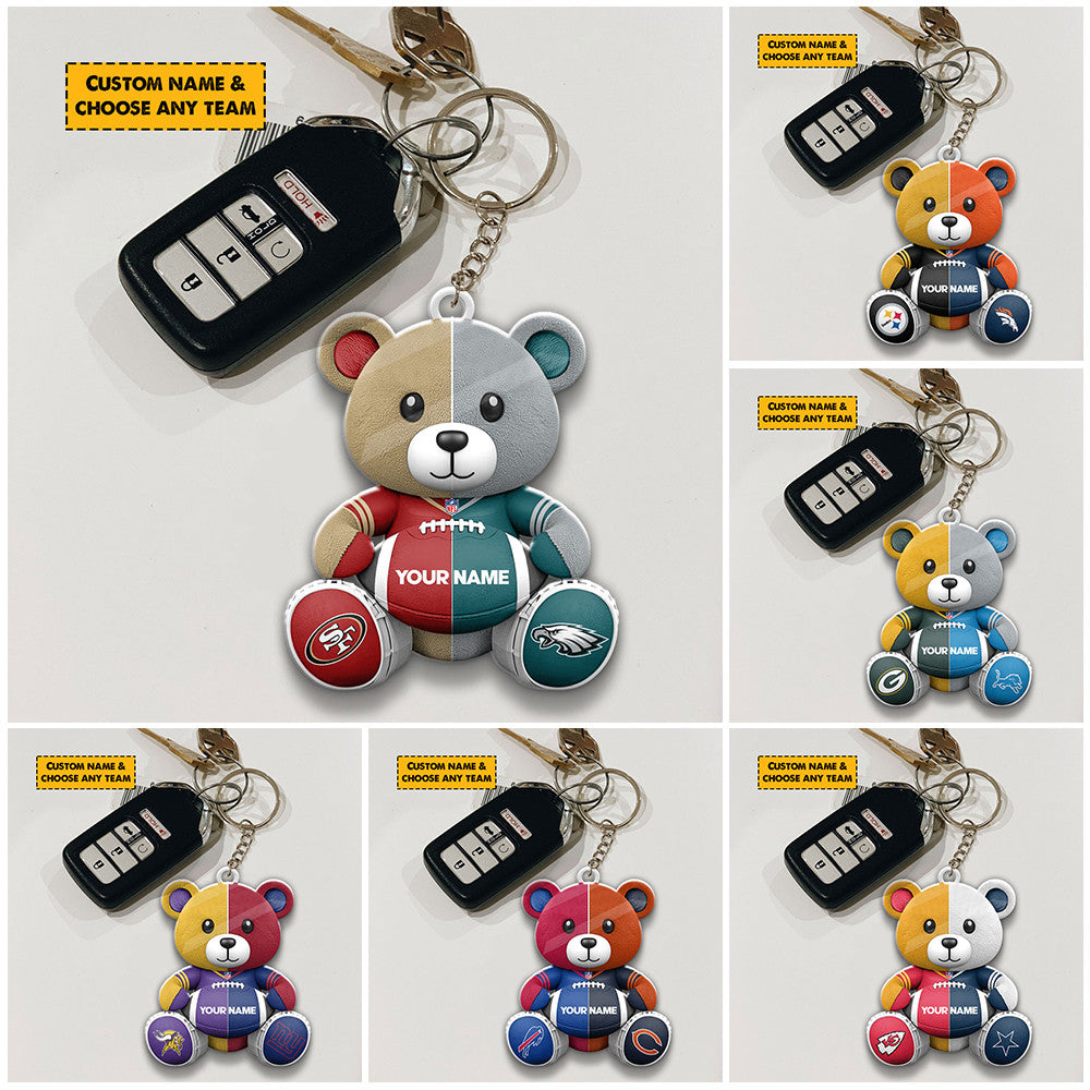 NFL Team And Bear Keychain Custom Any Name Choose Team You Love Gift For Fan