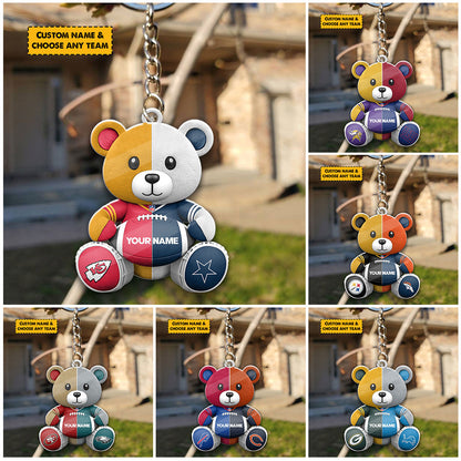 NFL Team And Bear Keychain Custom Any Name Choose Team You Love Gift For Fan