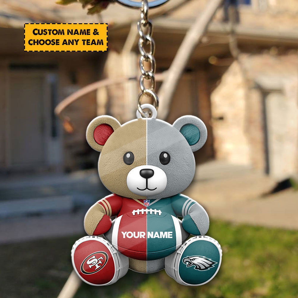 NFL Team And Bear Keychain Custom Any Name Choose Team You Love Gift For Fan