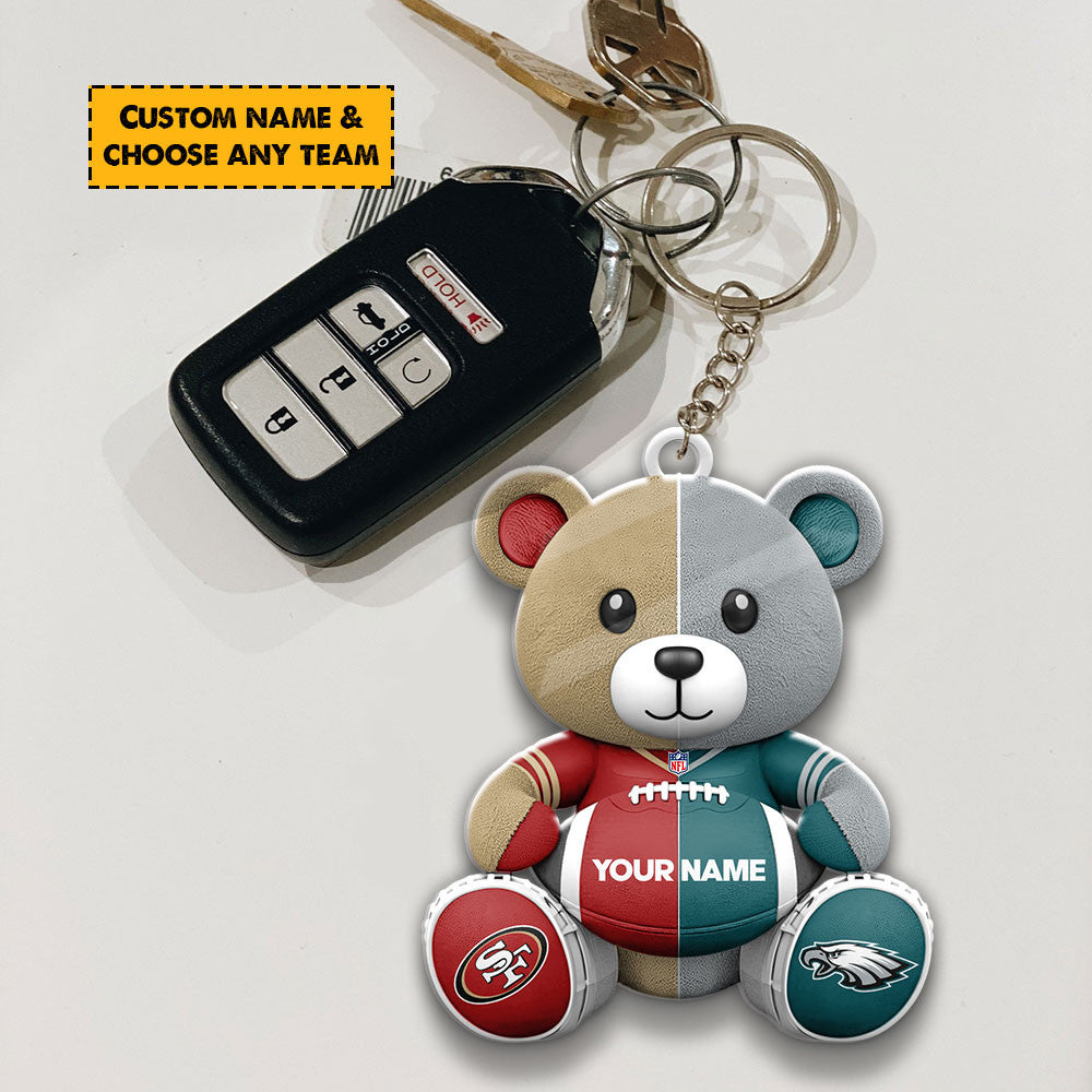 NFL Team And Bear Keychain Custom Any Name Choose Team You Love Gift For Fan