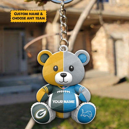 NFL Team And Bear Keychain Custom Any Name Choose Team You Love Gift For Fan
