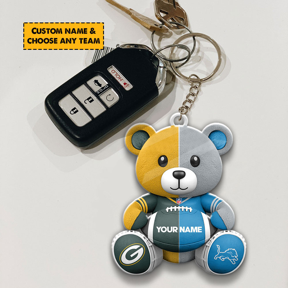 NFL Team And Bear Keychain Custom Any Name Choose Team You Love Gift For Fan