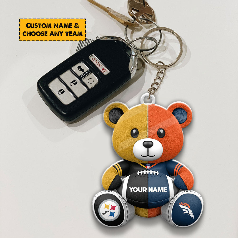 NFL Team And Bear Keychain Custom Any Name Choose Team You Love Gift For Fan