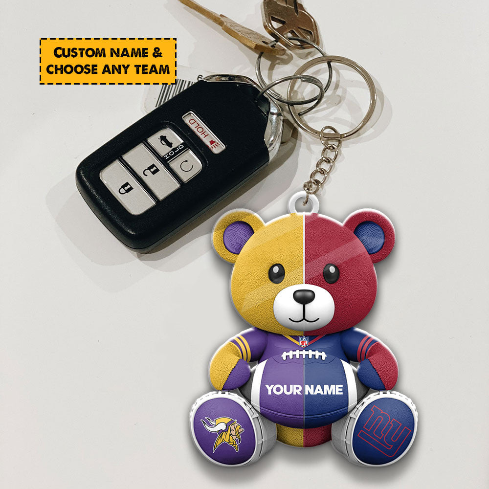 NFL Team And Bear Keychain Custom Any Name Choose Team You Love Gift For Fan