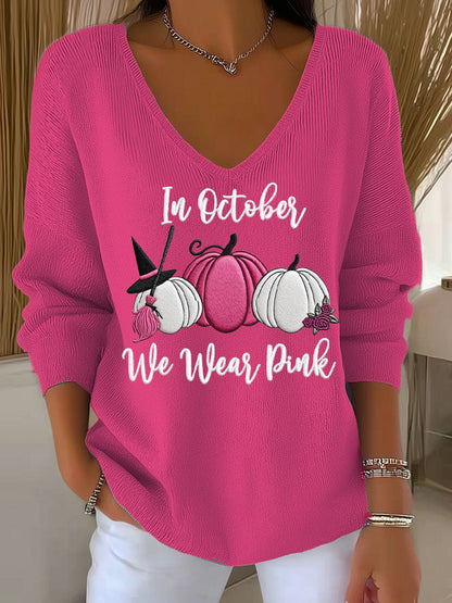 Women's Casual Striped Breast Cancer In October We Wear Pink Print Long Sleeve T-shirt