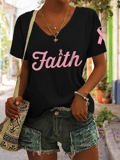 V-neck Breast Cancer Awareness Faith Print T-Shirt