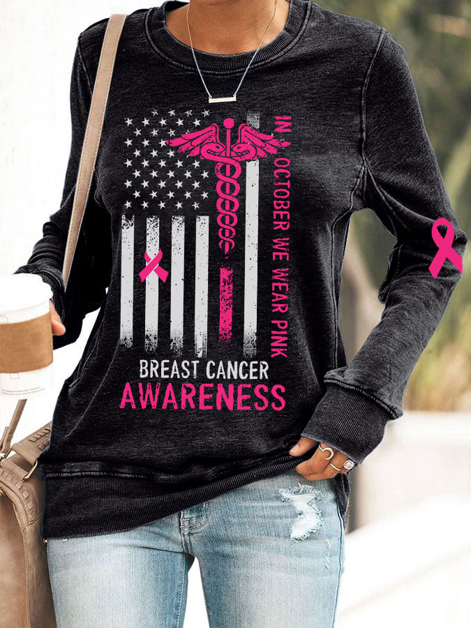 Women's In October We Wear Pink Breast Cancer Awareness Print Casual Crew Neck Sweatshirt