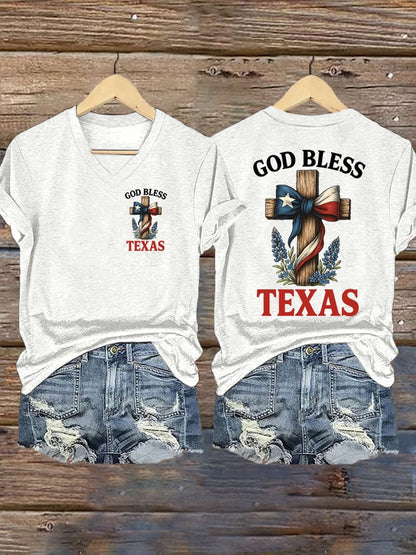 🙏💔Join us in praying for Texas.🙏Women's Retro God Bless Texas Cross Print T-Shirt