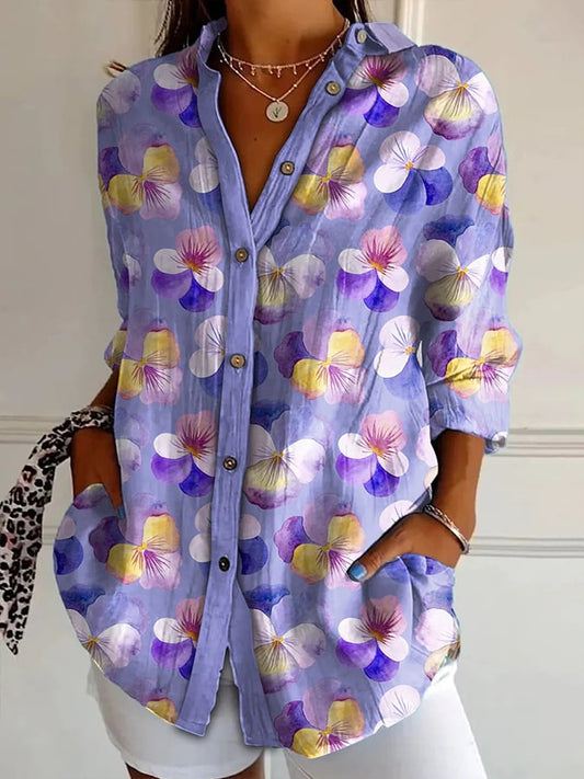 Women's Purple Floral Art Print Lapel Shirt