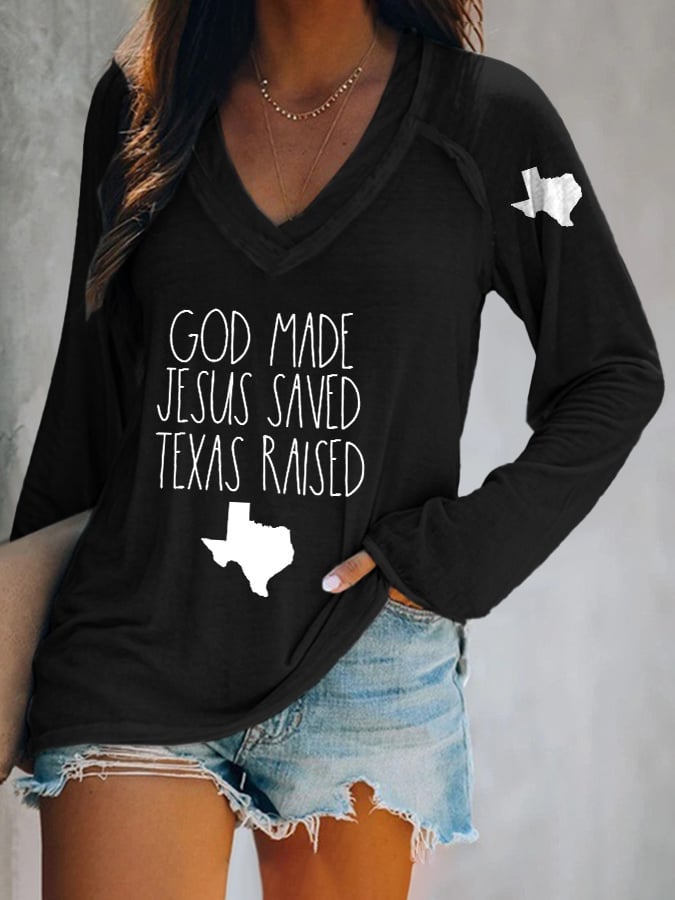 🙏💔Join us in praying for Texas.🙏V-neck Retro Texas Strong God Made Jesus Saved Texas Raised Print T-Shirt