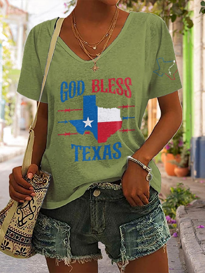 🙏💔Join us in praying for Texas.🙏V-Neck Retro Texas Strong God Bless Texas Print T-Shirt