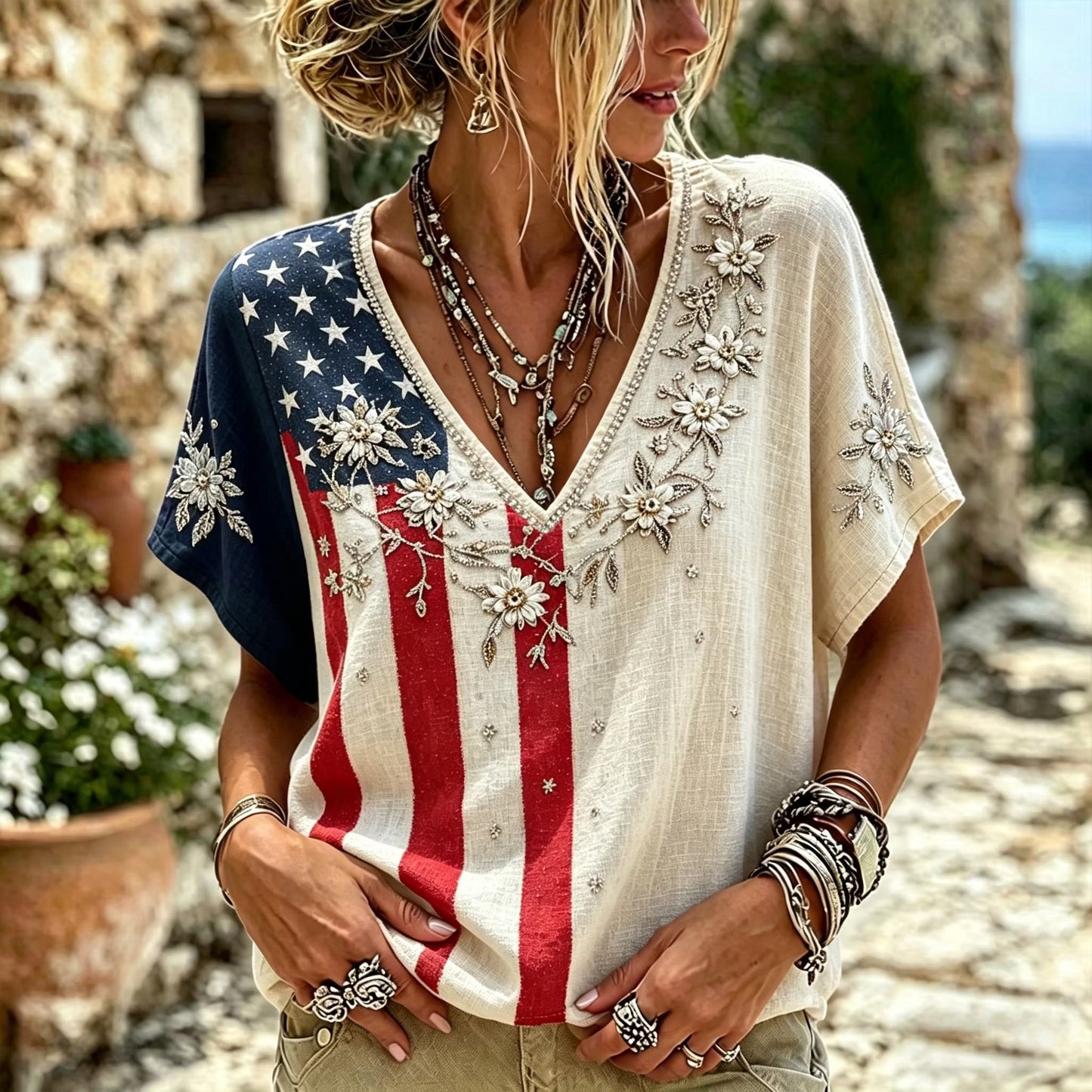 Women's Flag Floral Art Cotton Linen T-shirt