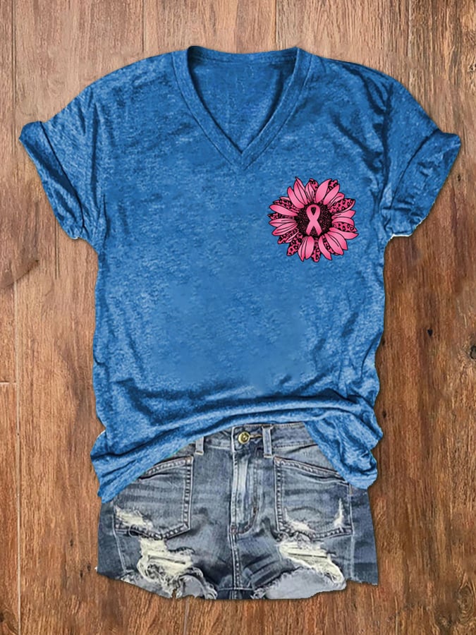 Women's Sunflower Pink Ribbon Flag Breast Cancer Awareness Print V-Neck T-Shirt