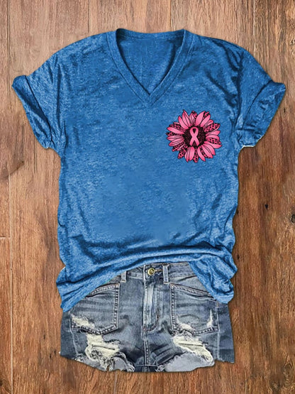 Women's Sunflower Pink Ribbon Flag Breast Cancer Awareness Print V-Neck T-Shirt